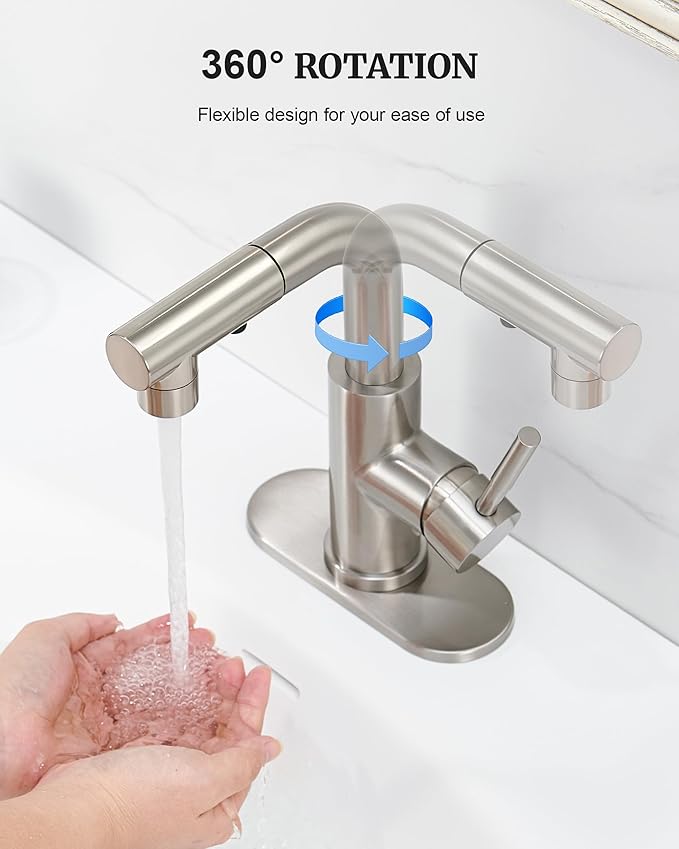 Ultimate Unicorn Brushed Nickel Single Handle Modern Bathroom Faucet with Pull Out Sprayer, 15.5" Retractable Hose, 360 Swivel Spout, Pop Up Drain, Stainless Steel, 1 Hole Installation