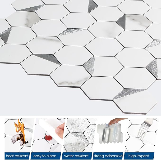 20-Sheet Hexagon Peel and Stick Backsplash Tile,12.2x11.54inches Marble White Mixed Silver Metal 3D PVC Wall Tiles Stick on Backsplash for Kitchen and Bathroom