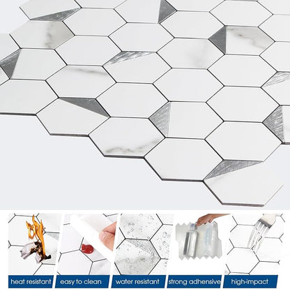 20-Sheet Hexagon Peel and Stick Backsplash Tile,12.2x11.54inches Marble White Mixed Silver Metal 3D PVC Wall Tiles Stick on Backsplash for Kitchen and Bathroom