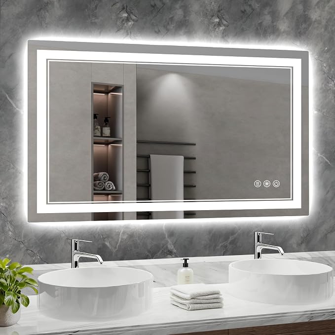 50x30 Inch LED Bathroom Mirror with Lights, 3 Colors Dimmable LED Vanity Mirror, Front and Back Lit, Anti-Fog, Memory Function, Shatterproof Tempered Glass, ETL Listed, Wall Mounted Makeup Mirror