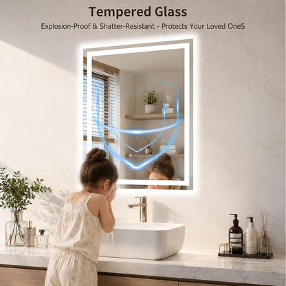 20"x30" LED Bathroom Mirror with Lights, Anti-Fog, Backlit+Frontlit | CRI 95, Stepless Dimmable, 3 Colors Lighting, Shatterproof Tempered Glass, HD Reflection, Memory, (Horizontal/Vertical)