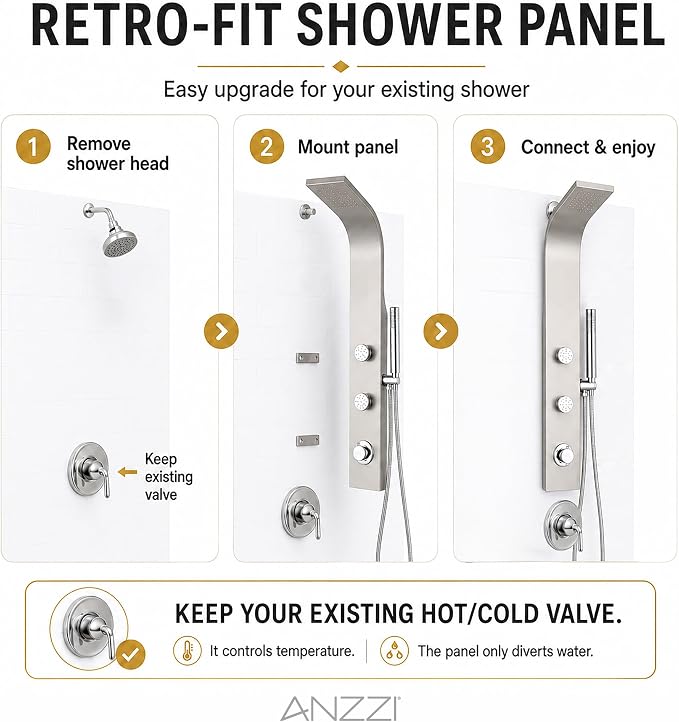 ANZZI Aura Series 39" Shower Panel Tower System | Full Body 2-Jetted Shower Tower, Head Panel with Heavy Rain Overhead, Euro-Grip Wall Mount Handheld Wand, DIY Friendly – Brushed Gold