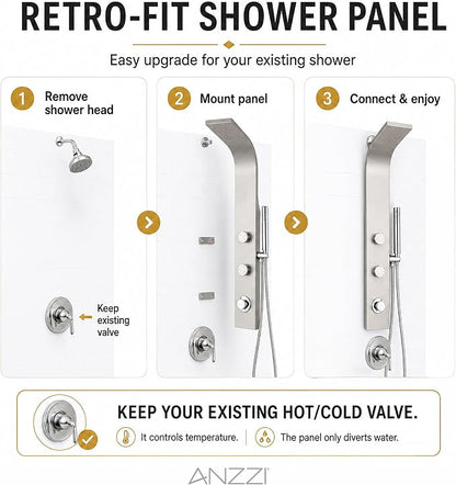 ANZZI Aura Series 39" Shower Panel Tower System | Full Body 2-Jetted Shower Tower, Head Panel with Heavy Rain Overhead, Euro-Grip Wall Mount Handheld Wand, DIY Friendly – Brushed Gold