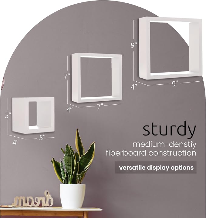 Kiera Grace Cubbi Floating Shelves, Modern Wall-Mounted Square Shelves for Bedroom, Bathroom, Kitchen, Easy to Hang, 5"/7"/9", , Set of 3