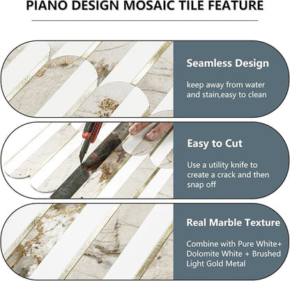 Vamos Tile Peel and Stick Backsplash, Fish Scale, Glossy, 10 pcs | 11.9''x10.8'',White & Pandora PVC+Light Gold Stick on Backsplash Tile for Kitchen & Bathroom & Laundry & Camper