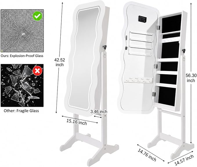Fiqevs RGB Mirror Jewelry Cabinet, Remote Control LED Mirror with Storage | Standing Jewelry Organizer with Full Length LED Lighting Wavy Mirror, Lockable, Spacious Storage, Jewelry Armoire White