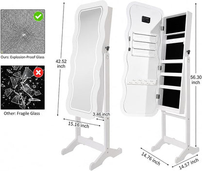 Fiqevs RGB Mirror Jewelry Cabinet, Remote Control LED Mirror with Storage | Standing Jewelry Organizer with Full Length LED Lighting Wavy Mirror, Lockable, Spacious Storage, Jewelry Armoire White
