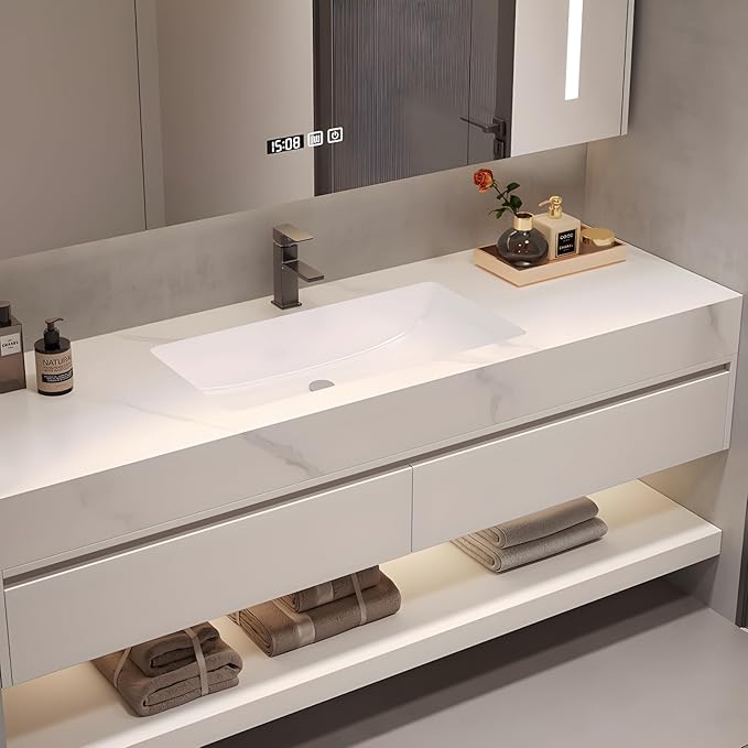 36 Inch Modern Bathroom Vanity Set with LED Storage Mirror - Waterproof Multi-Layer Wood Cabinet, Quartz Stone Top & Ceramic Sink, Seamless Design for Easy Cleaning, White‌