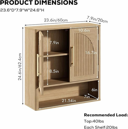 RUSTOWN Fluted Bathroom Wall Cabinet, Mid Century Modern Medicine Cabinet W/Adjustable Shelf & 2 Arched Doors, Over The Toilet Storage Cabinets for Laundry Room Kitchen Living Room, Natural Oak