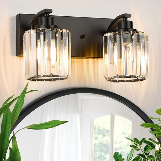 2 Lights Crystal Bathroom Vanity Light Modern Black Bathroom Light Fixture Over Mirror Vanity Lights for Bedroom,Restroom,Hallway E26 Base