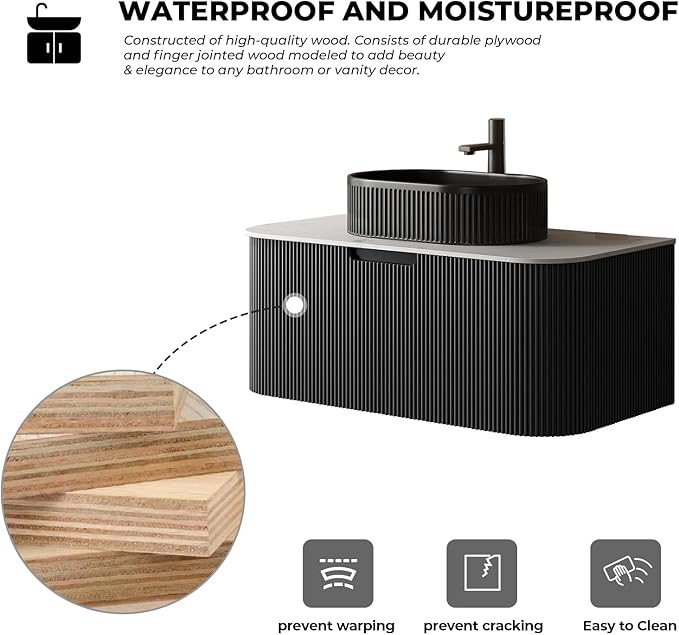 LKTART 30 Inch Floating Bathroom Vanity with Sink, Modern Wall Mounted Bathroom Storage Cabinet with Drawer, Fluted Black Curved Edges Ceramic Sink Top and Marble Texture Top, Black