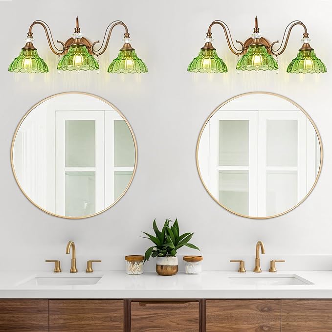 Vintage Bathroom Vanity Light, 3-Light Matte Antique Brass Finish Wall Sconce with Hanging Crystal Accents and Flower-Shaped Green Glass Shades, Retro Wall Mount Vanity Light Over Mirror for Bathroom