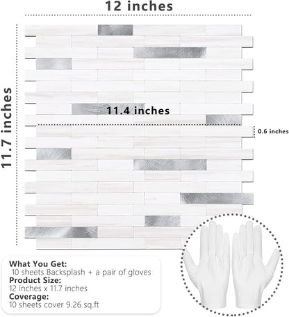 STICKGOO Peel and Stick Backsplash Tile, Stick on Backsplash for Kitchen and Bathroom, Dolomite White Marble Look PVC Mixed Metal Silver Self Adhesive Wall Tiles(10 Sheets)