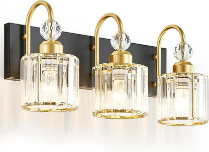 Bathroom Vanity Light Fixtures Over Mirror - Makeup Lighting Black Gold - for Modern Wall, Bath, Desk, Farmhouse, Hallway 3 Crystal Lights