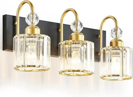 Bathroom Vanity Light Fixtures Over Mirror - Makeup Lighting Black Gold - for Modern Wall, Bath, Desk, Farmhouse, Hallway 3 Crystal Lights