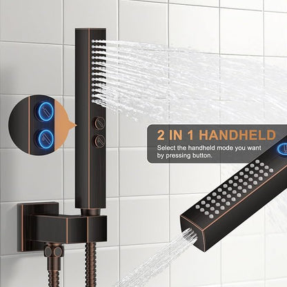 Rain Shower System 12" & 6" Dual Shower Heads Ceiling Shower Faucet Set | Ideal for bathroom remodels and upgrades with 12" rain shower, 6" angled shower, handheld spray and complete valve kit.
