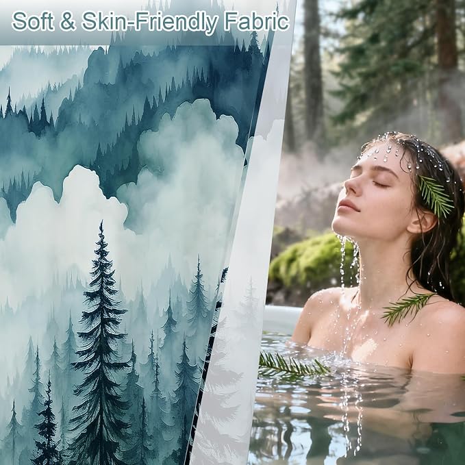Litabel Peacock Blue Misty Pine Forest Shower Curtain, Mountain Foggy Woodland Scenery Tree Shower Curtains for Chic Rustic Bathroom, Abstract Modern Waterproof Nature-Themed Decor, 72x72 Inches