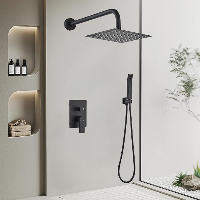 Shower Faucet Set With 8" Shower Head And Handheld Black | Wall Mounted Shower System Valve Include 2 Function