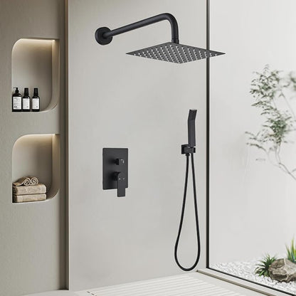 Shower Faucet Set With 8" Shower Head And Handheld Black | Wall Mounted Shower System Valve Include 2 Function