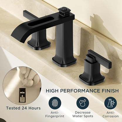 FORIOUS Bathroom Faucet 3 Hole Widespread Sink Faucets Matte Black | 3-hole 4-12 Inch Widespread Sink, Square Waterfall Spout, with Drain and Hoses,for Vanity Rv Commercial Lavatory Restroom