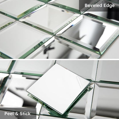 32 Pcs Mirror Peel and Stick Tile, Silver, 3x3 Inch, Beveled Mirror Square Kitchen Backsplash Bar Bathroom Wall Tile