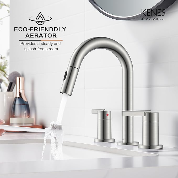 KENES Brushed Nickel Widespread Bathroom Faucet with Sprayer, 8 Inch 3 Hole Bathroom Sink Faucet with Pull Out Sprayer, Pull Down 2 Handle Vanity Faucet with Pop Up Drain & Supply Lines LJ-9068