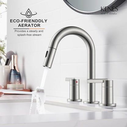 KENES Brushed Nickel Widespread Bathroom Faucet with Sprayer, 8 Inch 3 Hole Bathroom Sink Faucet with Pull Out Sprayer, Pull Down 2 Handle Vanity Faucet with Pop Up Drain & Supply Lines LJ-9068