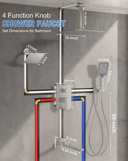 Woindo 4 Function Shower Faucet Set 12" Rain Shower Head/6'' Side Shower Head and 3 Setting Handheld Ceiling Mount Push Button Diverter Complete Rainfall Round Shower System Included Valve Trim Kit