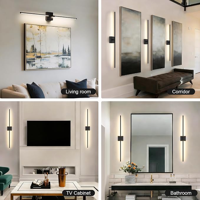Battery Operated Wall Sconce, 3000K-6000K Dimmable Black Wall Lights with Remote Control, Timable LED Wireless Wall Sconces, 350° Ratate for Bathroom, Living Room, Hallway 39.4 Inch 1 Pack