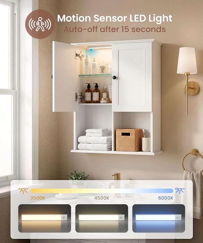 HAIOOU 23.6 inch Bathroom Wall Cabinet with Motion Sensor Light - White | Wall Mount Medicine Cabinet with Recessed Panel Doors, Adjustable Glass Shelf, Soft Close Hinges for Over the Toilet Storage