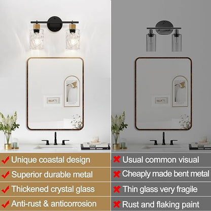 Bathroom Light Fixtures, 2-Light Coastal Vanity Lights with Crystal Glass Shade, Black Bathroom Wall Lamp for Mirror Kitchen Hallway Cabinet