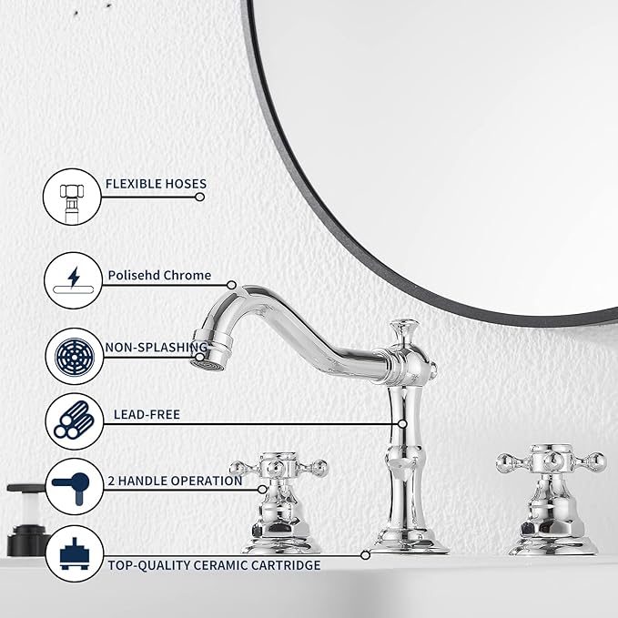 GGStudy Two Handles Three Holes Faucet 8-16 inch Widespread Bathroom Sink Faucet Chrome Basin Mixer Tap Matching Metal Pop Up Drain with Overflow
