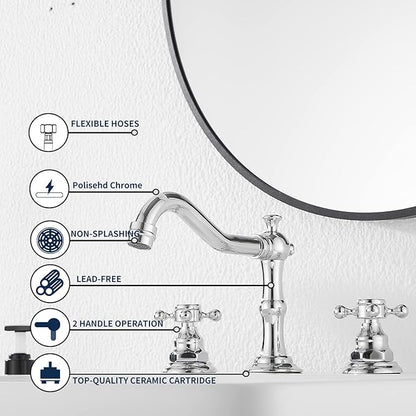 GGStudy Two Handles Three Holes Faucet 8-16 inch Widespread Bathroom Sink Faucet Chrome Basin Mixer Tap Matching Metal Pop Up Drain with Overflow