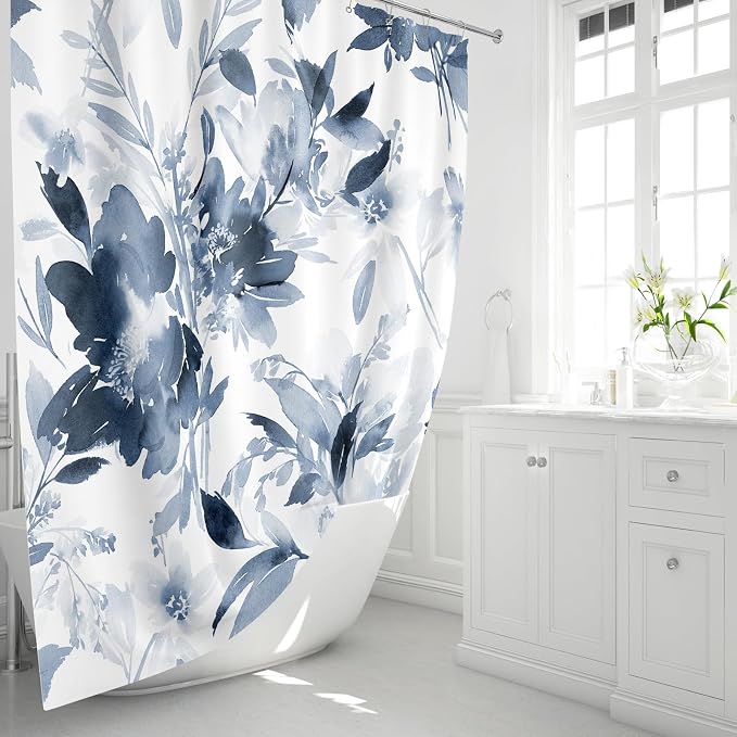 Small Stall Shower Curtain 36x72 Inch Half Narrow Watercolor Floral Decor | Navy Blue Modern Abstract Flower Dorm Bathroom Shower Curtain Set with Hooks