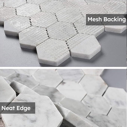 Carrara White Marble Mosaic Tile, 2 Inch Hexagon, Polished, 5 Sheets | Natural Bianco Carrera, Marble Stone Backsplash Tiles for Kitchen, Bathroom, Shower Wall and Floor