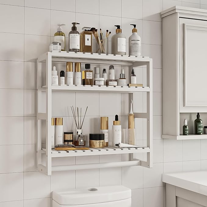 Galood Over The Toilet Storage Bathroom Shelves Wall Mounted 3 Tier White | Space Saver Corner Shelf Organizer Bamboo Towel Rack Toilet Paper Cabinet with Hanging Rod