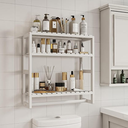Galood Over The Toilet Storage Bathroom Shelves Wall Mounted 3 Tier White | Space Saver Corner Shelf Organizer Bamboo Towel Rack Toilet Paper Cabinet with Hanging Rod