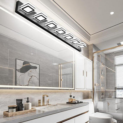 Ralbay 46inch Vanity Light Modern 7 Lights Black Bathroom Vanity Lighting Fixtures Over Long Mirror Acrylic Up and Down Matte Black Bathroom Wall Mounted Lights