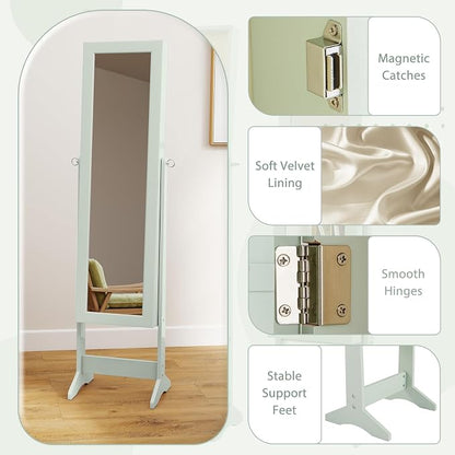 MAT EXPERT Jewelry Armoire Cabinet w/Full-Length Mirror, Jewelry Organizer Standing Mirror w/ 4 Shelves, 3 Adjustable Tilt Angles, Anti-toppling Device, Jewelry Cabinet for Bedroom, Living Room, Green