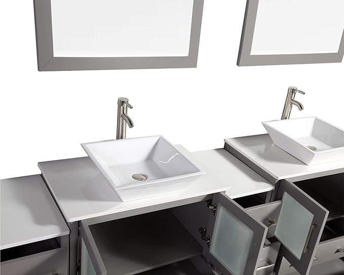 Vanity Art 96 Inch Vessel Double Sink Bathroom Vanity Cabinet with 2 Mirrors, Engineered Marble Top Bathroom Cabinet Compact Set with 13 Dovetail Drawers and Soft Closing Doors, VA3130-96-G