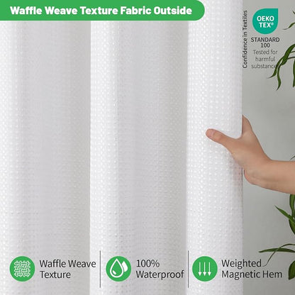 eachope No Hook Waffle Shower Curtain, No Liner Needed, 48x74 Inch, White | 100% waterproof TPU-laminated backing, magnetic weighted hem, machine washable, for bathroom, hotel, or shower stall use