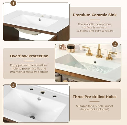 30 Inch Walnut Mid-Century Bathroom Vanity with Ceramic Basin Sink, Space Saving Bathroom Storage Cabinet with Sink & Dual Hidden Drawers & Open Bottom Shelf, Fluted Door Panel (Walnut Style2, 30")