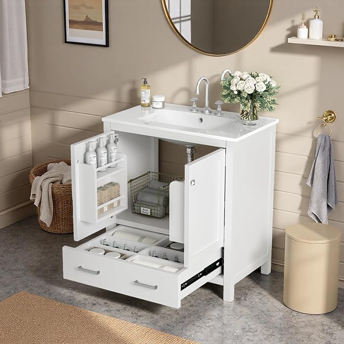 30" Freestanding Bathroom Vanity with Sink, Floor Stand Bathroom Storage Cabinet with Ceramic Sink, Doors with Double-Layered Storage Shelves, Modern Compact Vanity with Divided Drawer, White