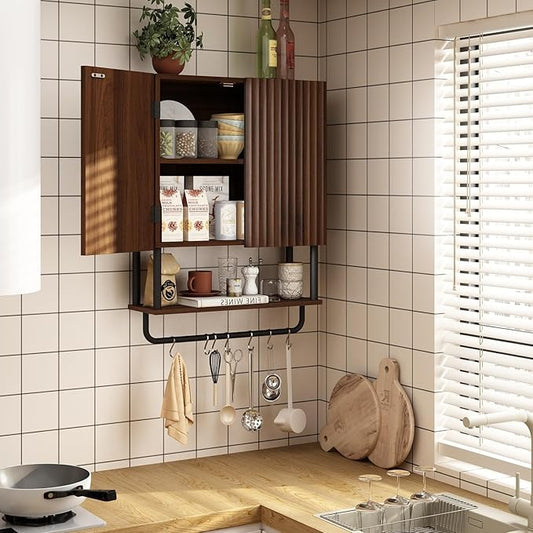 RUSTOWN Fluted Bathroom Wall Cabinet with 2 Doors, 3-Tier Modern Farmhouse Medicine Cabinet, Over The Toilet Storage Cabinet with Adjustable Shelf and Towel Bar (Dark Walnut, Medium)
