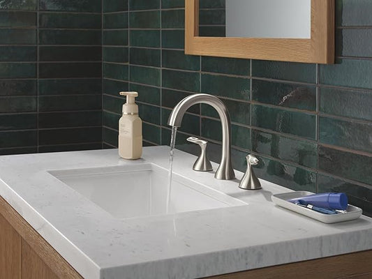 Delta Bonacci Brushed Nickel Bathroom Faucet 3 Hole, 8 Inch Widespread Bathroom Sink Faucet for Vanity, Metal Push-Pop Drain Assembly, Lumicoat Stainless 3545-SS-PR-DST