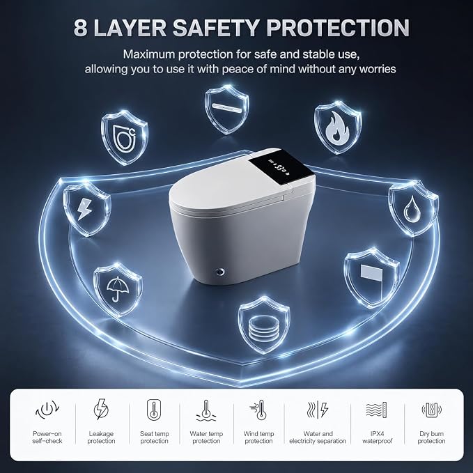 Smart Toilet with Bidet Built in, Tankless Smart Toilet 12 Inch Rough In, Auto Open and Close Lid, Heated Seat, Warm Air Dryer, Foot Sensor Operation, LED Display & Night Light, 1000g MaP
