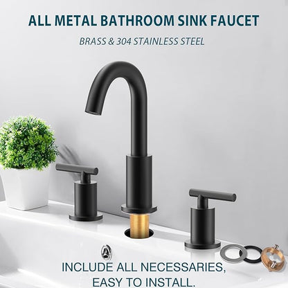 TRUSTMI 2 Handle 8-Inch Widespread Bathroom Faucet Matte Black 3 Hole Brass Bathroom Vanity Sink Faucet with 360° Swivel Spout, Include Overflow Drain and cUPC Supply Lines