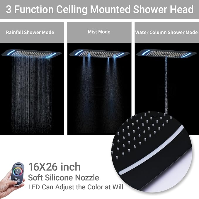 3 Functions Shower Head System Matte Black Shower Faucet Set | 16X26 inch Ceiling Shower, 6 Body Jet, Handheld Shower, Temperature Display, 5 Functions Can All Run Together