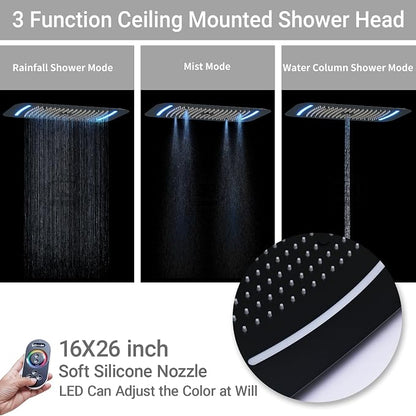 3 Functions Shower Head System Matte Black Shower Faucet Set | 16X26 inch Ceiling Shower, 6 Body Jet, Handheld Shower, Temperature Display, 5 Functions Can All Run Together