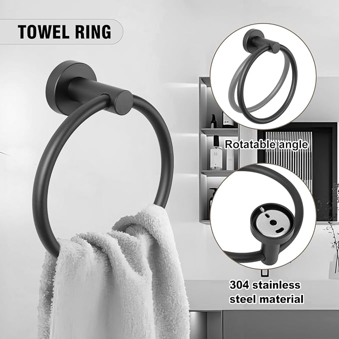 5 Piece Modern Style Wall Mounted Bathroom Hardware Set | #304 Stainless Steel, 24" Towel Bar Mount, Towel Rings, 2 Pillar Toilet Paper Holder, Bathrobe Hook (Matt Black)